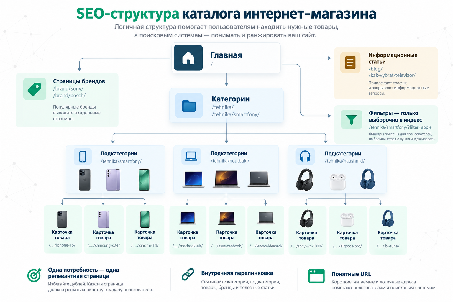 SEO-структура каталога интернет-магазина: категории, подкатегории, бренды и карточки товаров