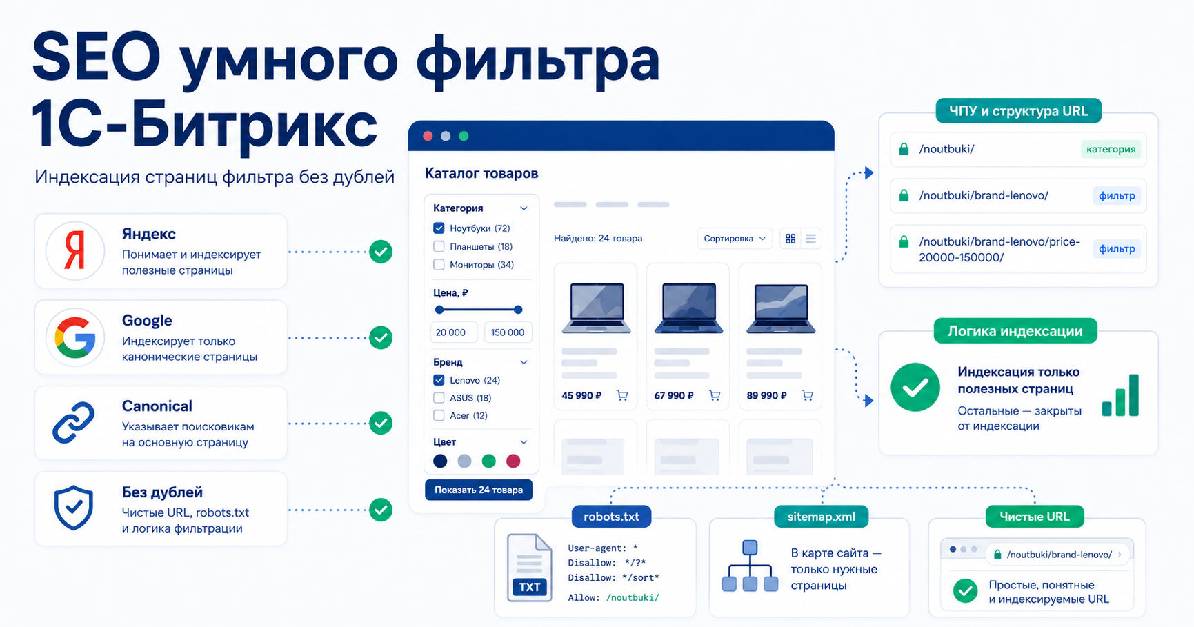 SEO умного фильтра в 1С-Битрикс: индексация страниц фильтра без дублей