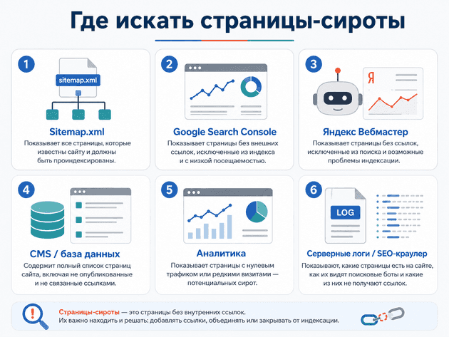 Источники для поиска страниц-сирот: sitemap, Search Console, Яндекс Вебмастер, CMS, аналитика и логи
