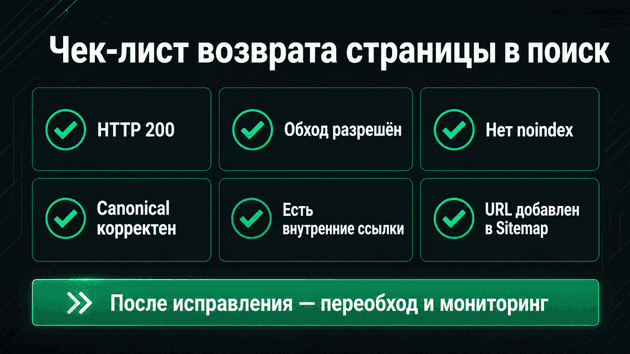 Чек-лист возврата страницы в поиск