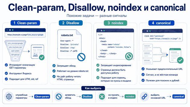 Clean-param, Disallow, noindex и canonical: разные задачи