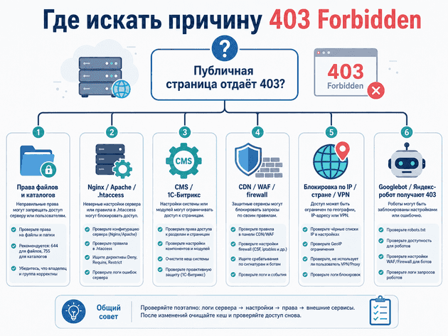 Где искать причину ошибки 403 Forbidden: права, Nginx, Apache, CMS, CDN, WAF и блокировка роботов