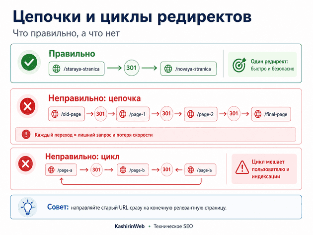 Цепочки и циклы редиректов: правильная и неправильная настройка