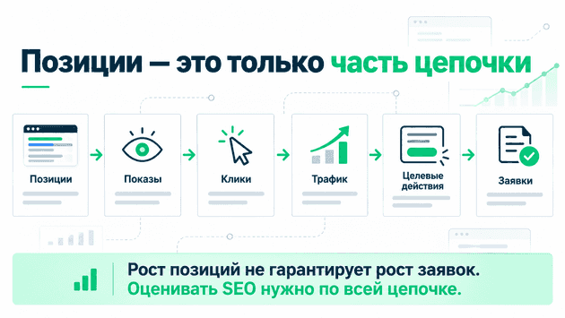 Цепочка SEO: позиции, показы, клики, трафик, целевые действия и заявки