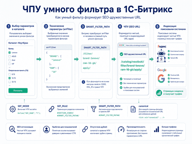 Как SMART_FILTER_PATH и ЧПУ формируют SEO-дружественный URL умного фильтра в 1С-Битрикс
